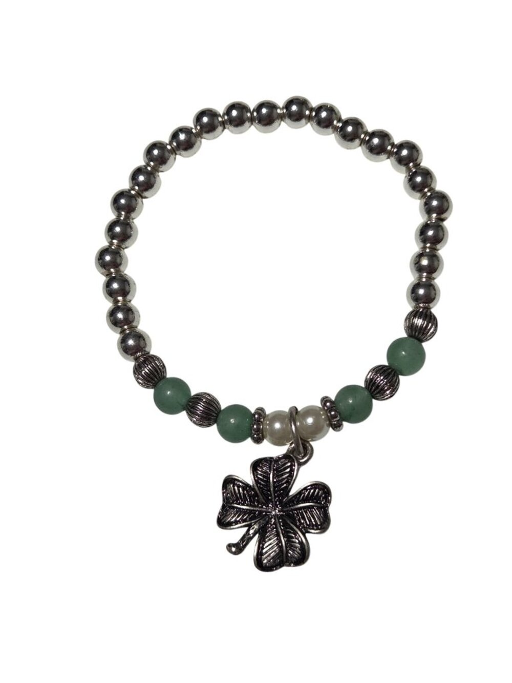 Handmade 4 Leaf Clover Bracelet Silver Beads Shamrock Green Fashion Jewelry